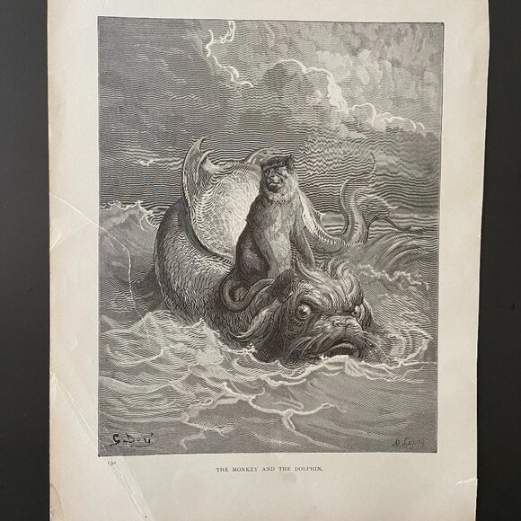 Gustave Dore,  Woodcut Engraving, Antique Print, The Monkey and the Dolphin - Picture 1 of 5
